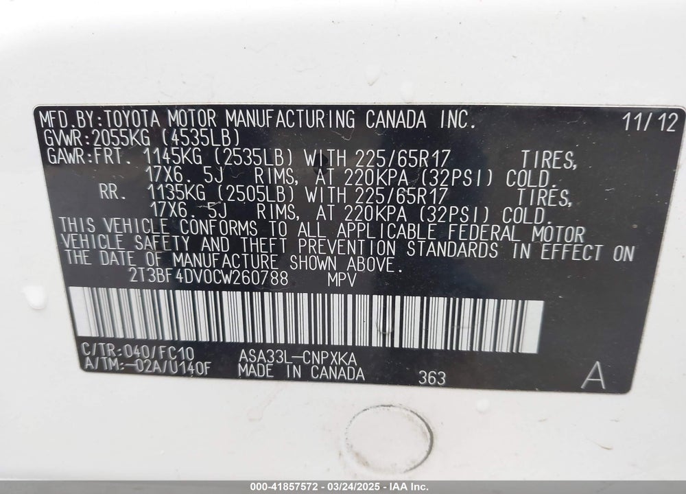 2012 TOYOTA RAV4 VIN: 2T3BF4DV0CW260788