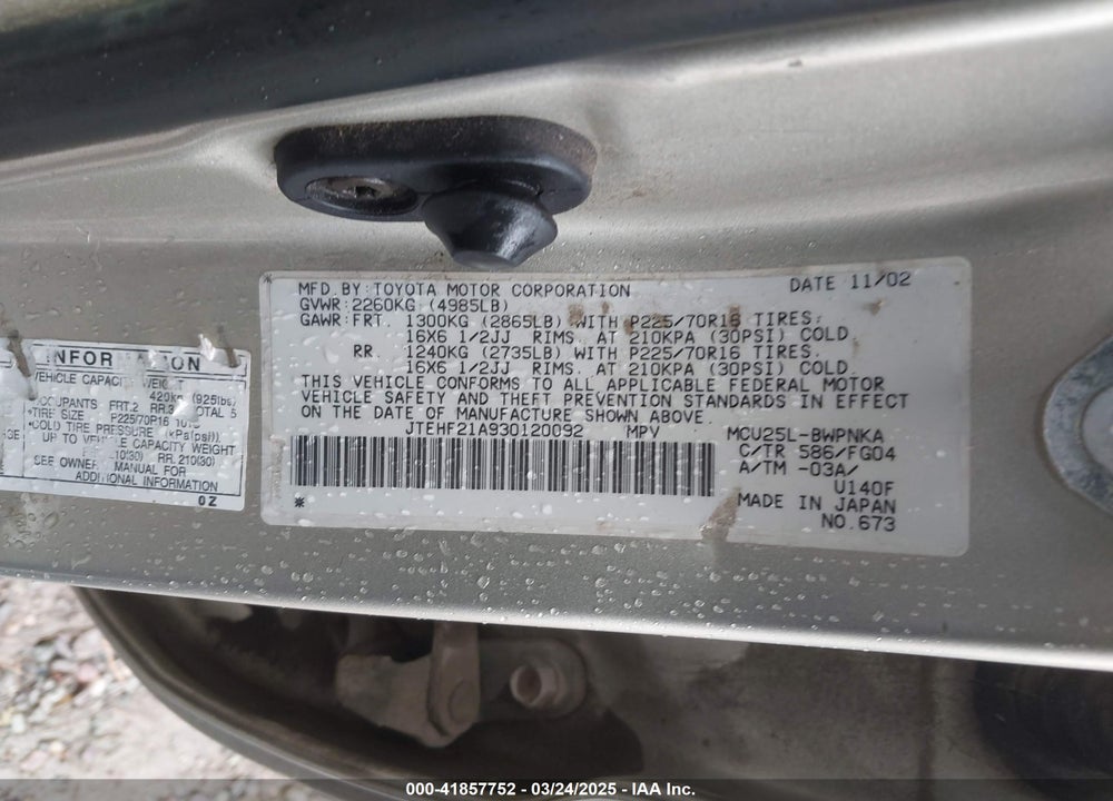 2003 TOYOTA HIGHLANDER V6 VIN: JTEHF21A930120092