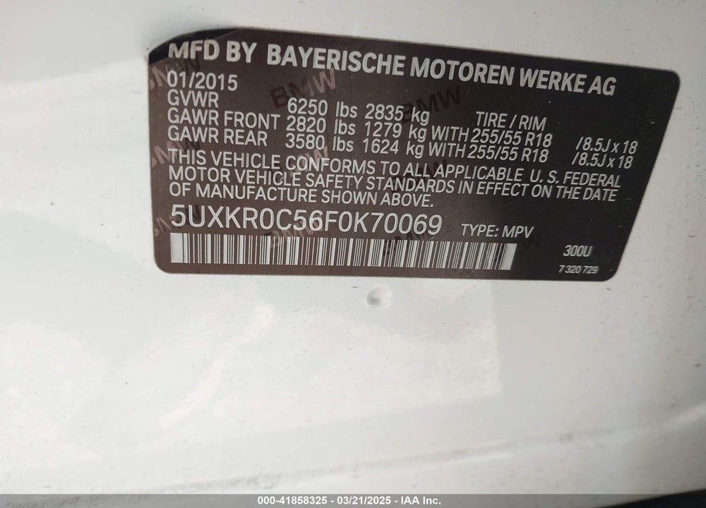 2015 BMW X5 VIN: 5UXKR0C56F0K70069