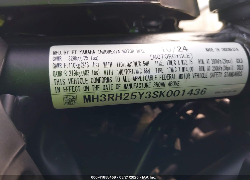 2025 YAMAHA YZF-R3 VIN: MH3RH25Y3SK001436
