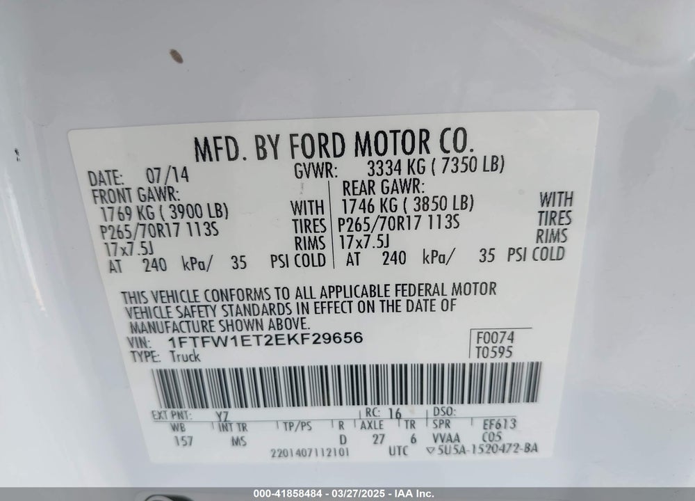 2014 FORD F-150 VIN: 1FTFW1ET2EKF29656
