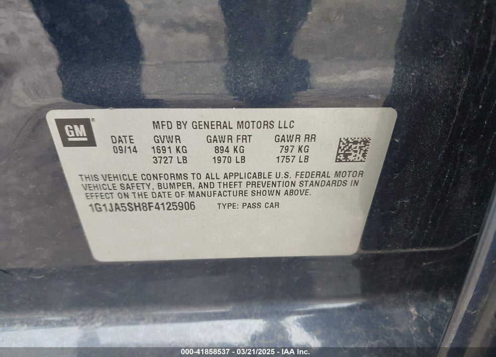 2015 CHEVROLET SONIC LS AUTO VIN: 1G1JA5SH8F4125906