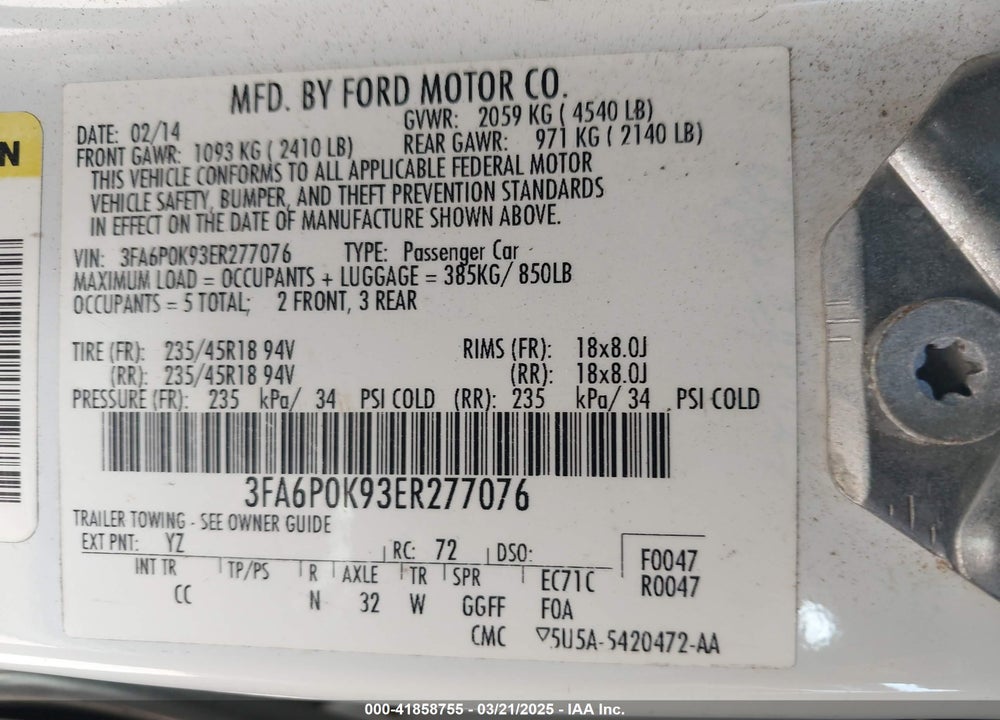 2014 FORD FUSION VIN: 3FA6P0K93ER277076