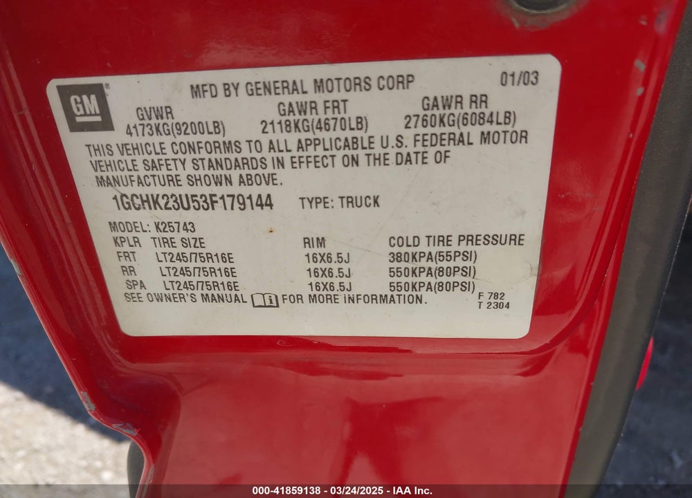 2003 CHEVROLET SILVERADO 2500HD LS VIN: 1GCHK23U53F179144