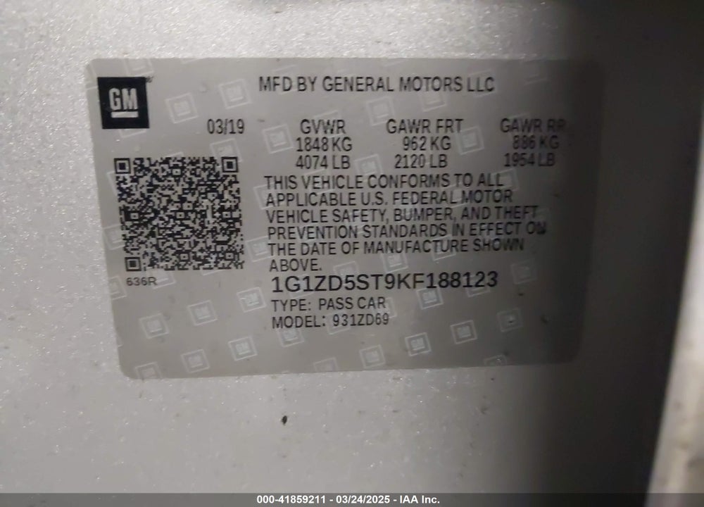 2019 CHEVROLET MALIBU VIN: 1G1ZD5ST9KF188123