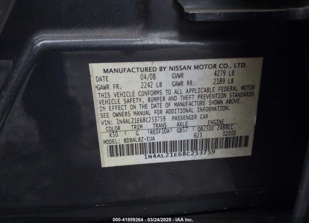2008 NISSAN ALTIMA 2.5 S VIN: 1N4AL21E68C253759
