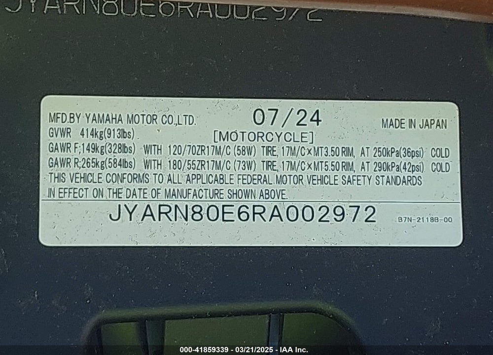 2024 YAMAHA MTM890 VIN: JYARN80E6RA002972