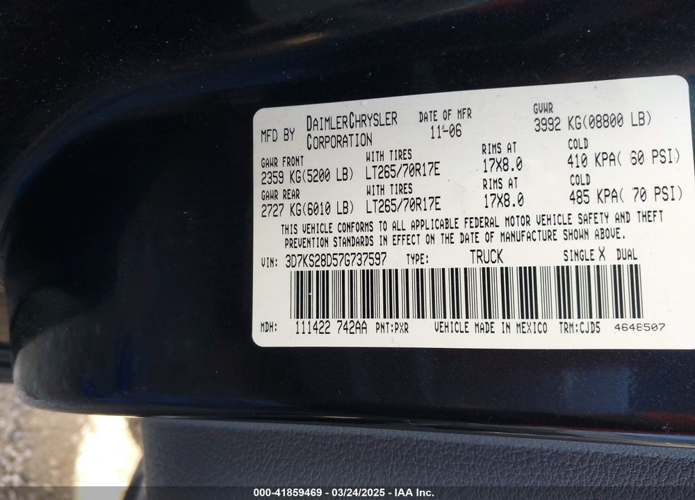2007 DODGE RAM 2500 VIN: 3D7KS28D57G737597