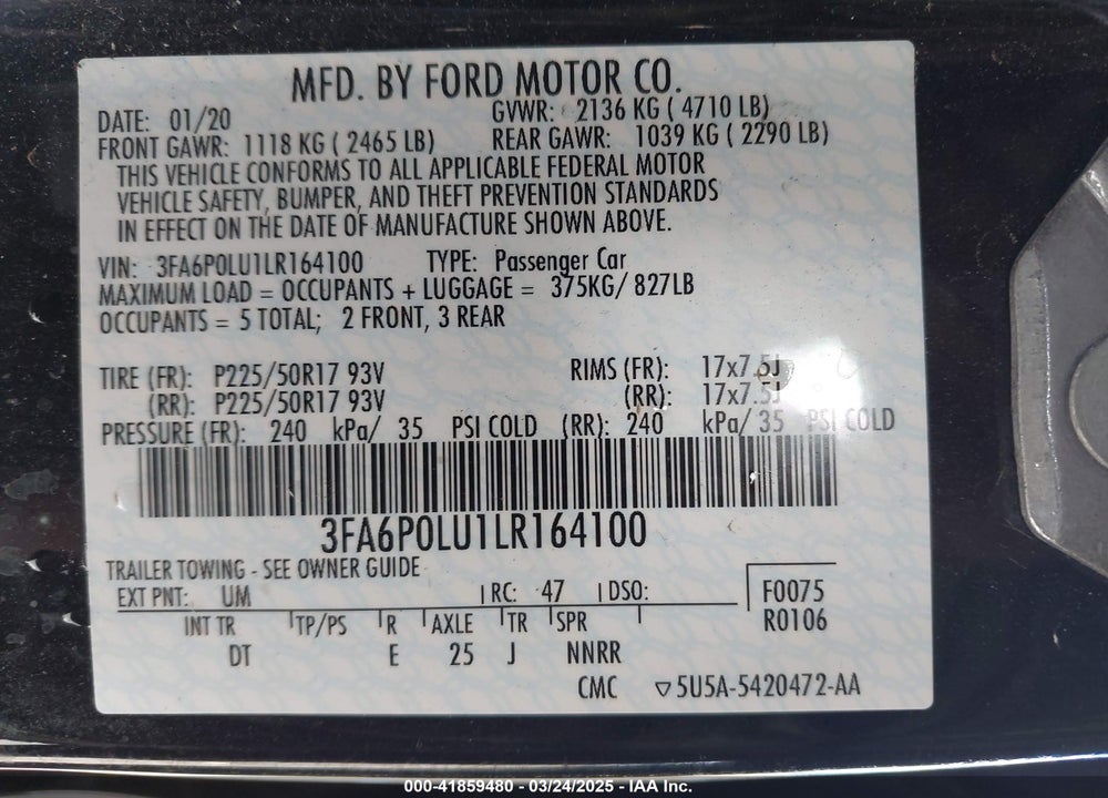 2020 FORD FUSION VIN: 3FA6P0LU1LR164100