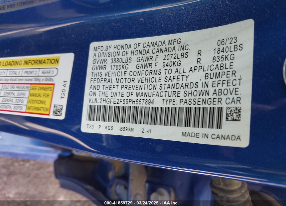 2023 HONDA CIVIC SPORT VIN: 2HGFE2F59PH557894