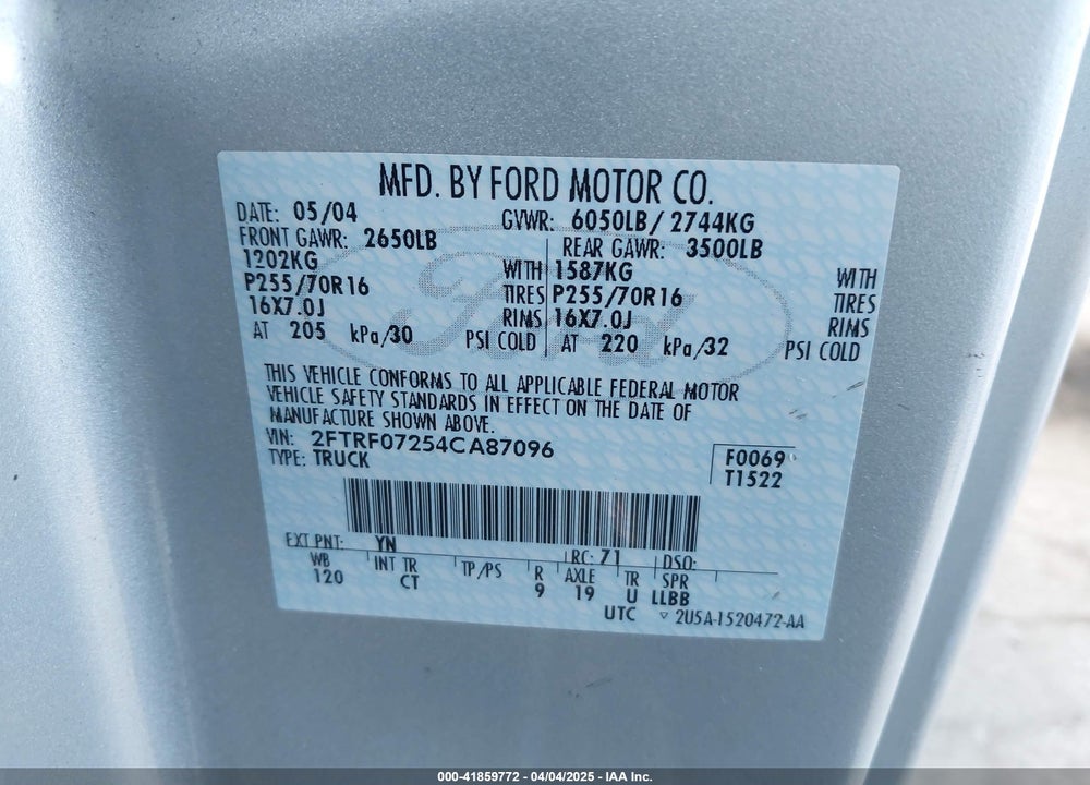 2004 FORD F-150 HERITAGE XL/XLT VIN: 2FTRF07254CA87096