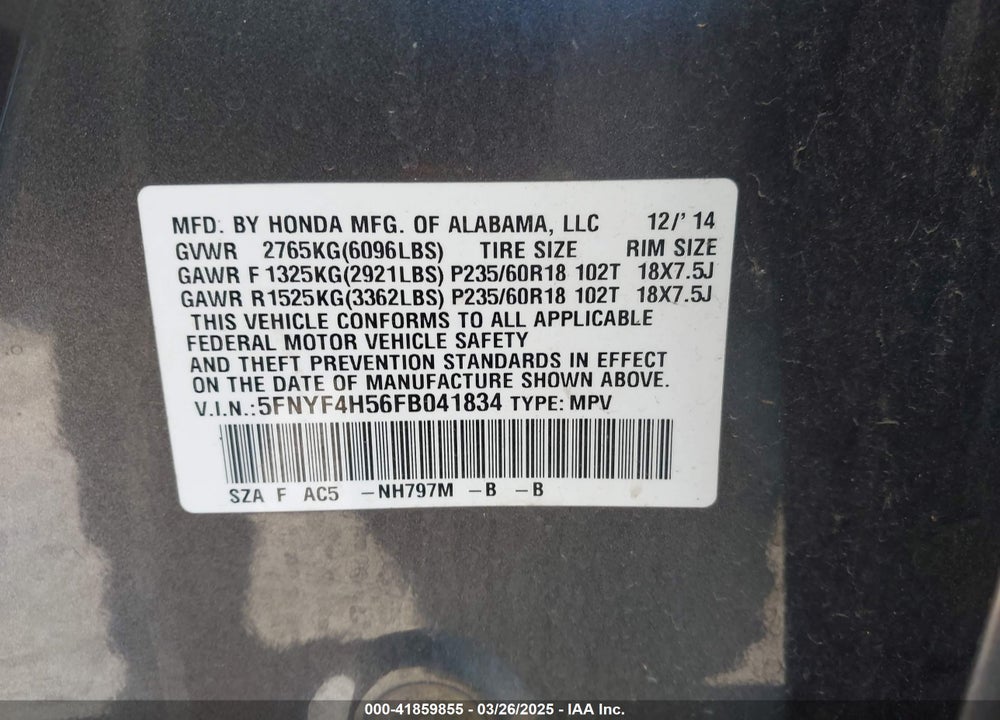2015 HONDA PILOT EX-L VIN: 5FNYF4H56FB041834