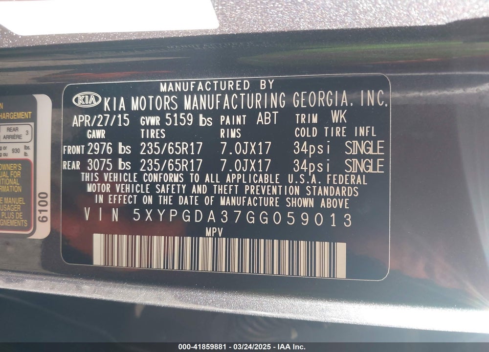 2016 KIA SORENTO VIN: 5XYPGDA37GG059013