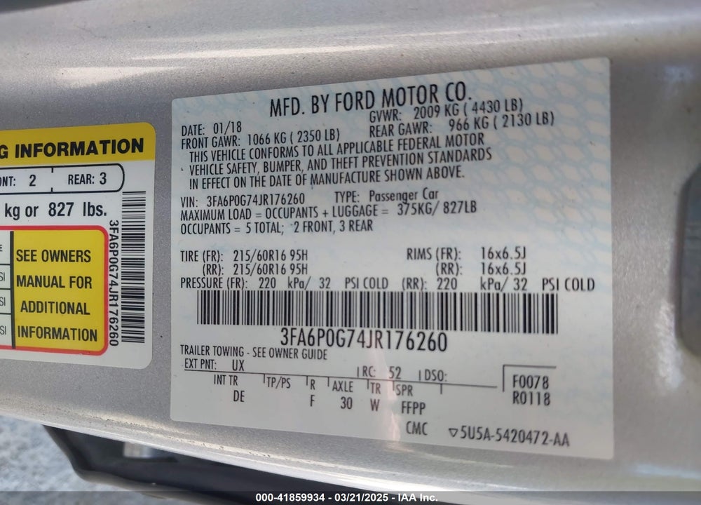 2018 FORD FUSION VIN: 3FA6P0G74JR176260