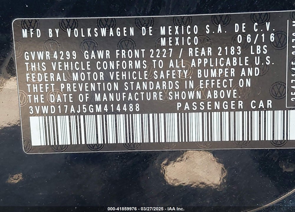 2016 VOLKSWAGEN JETTA VIN: 3VWD17AJ5GM414488