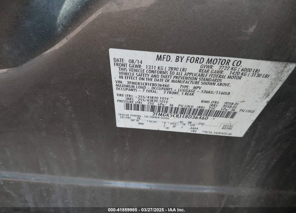 2014 FORD FLEX SEL VIN: 2FMGK5C81EBD36460