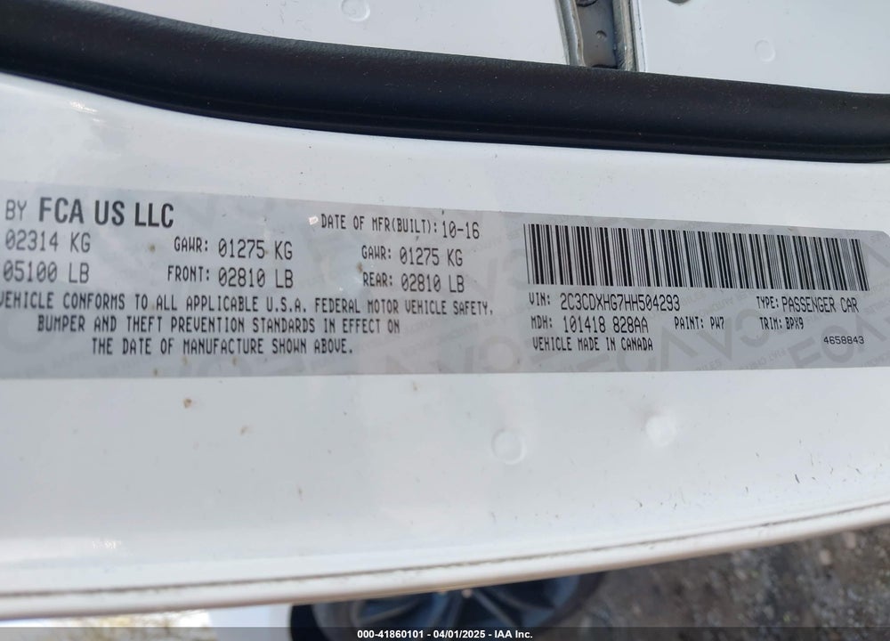 2017 DODGE CHARGER VIN: 2C3CDXHG7HH504293