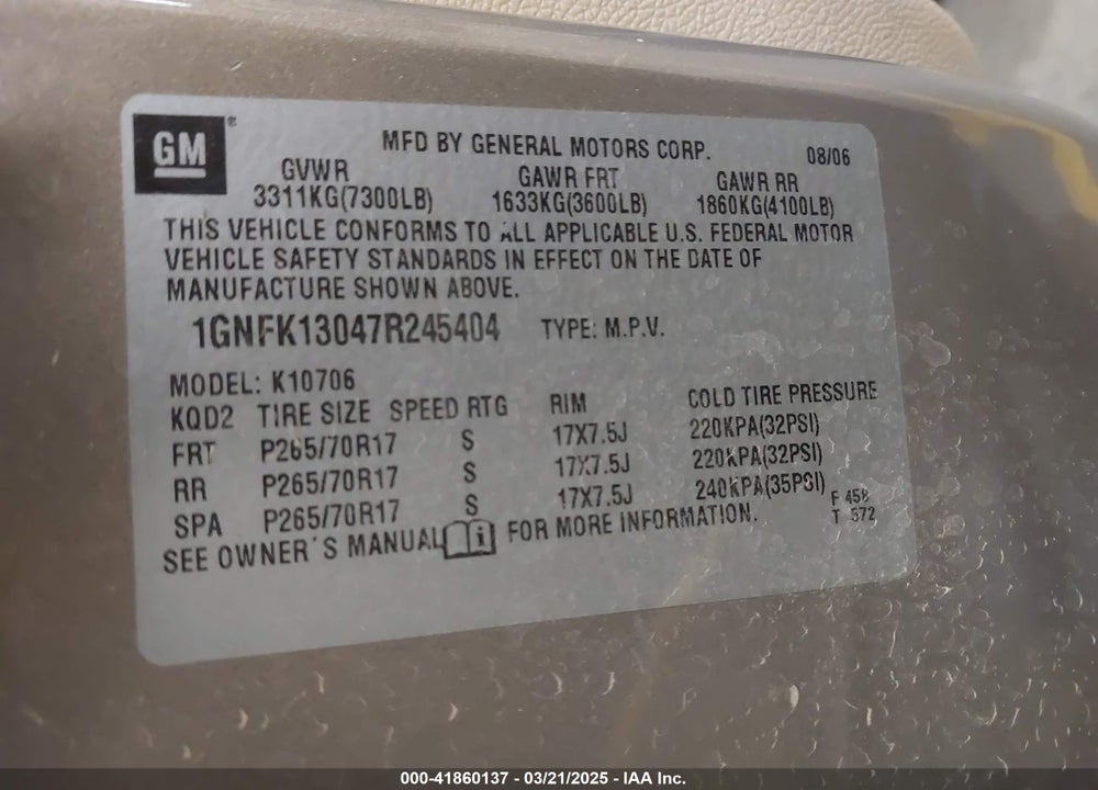 2007 CHEVROLET TAHOE VIN: 1GNFK13047R245404