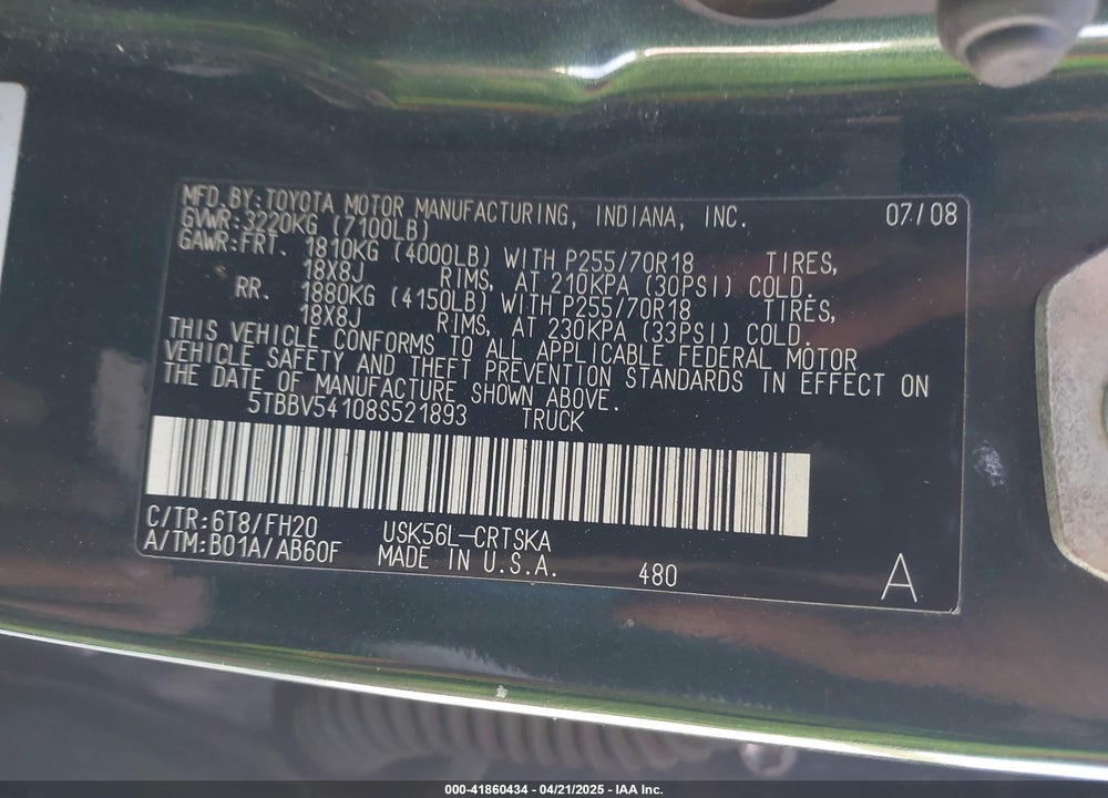 2008 TOYOTA TUNDRA VIN: 5TBBV54108S521893