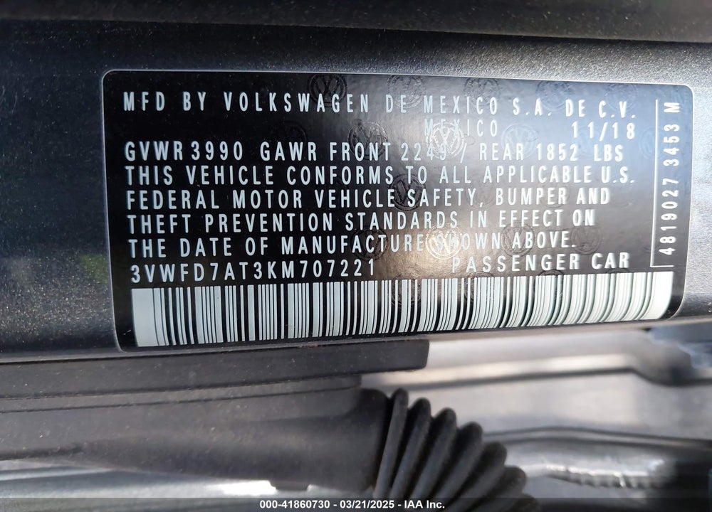 2019 VOLKSWAGEN BEETLE VIN: 3VWFD7AT3KM707221