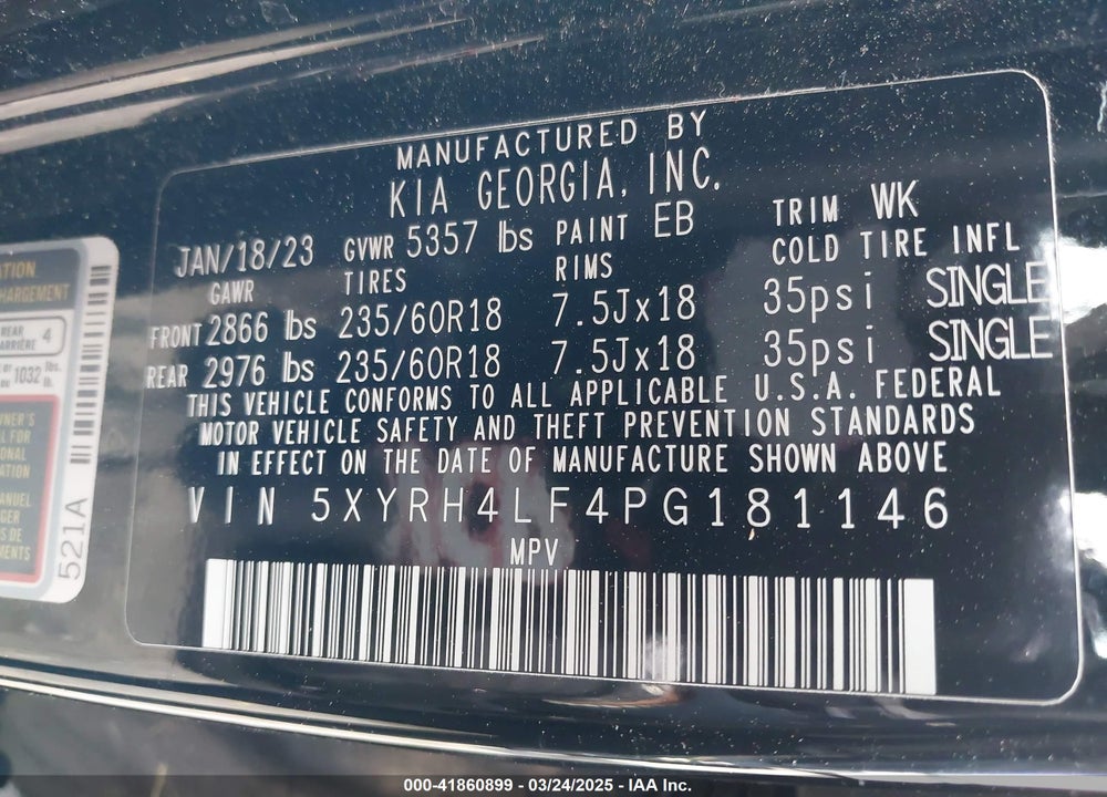 2023 KIA SORENTO EX VIN: 5XYRH4LF4PG181146
