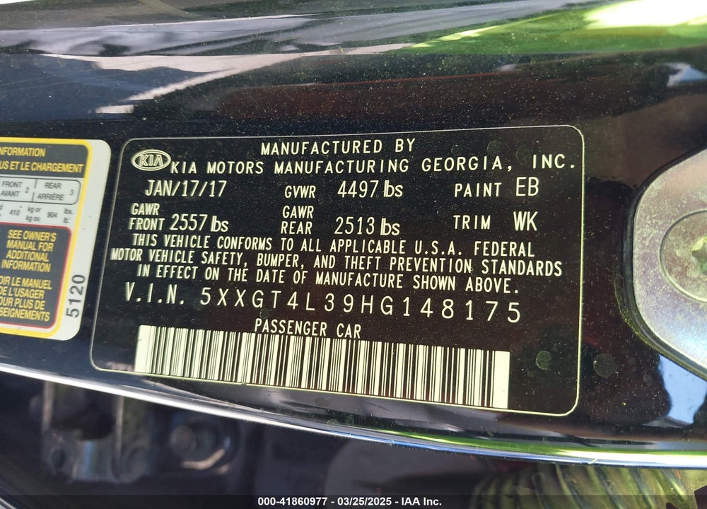 2017 KIA OPTIMA VIN: 5XXGT4L39HG148175