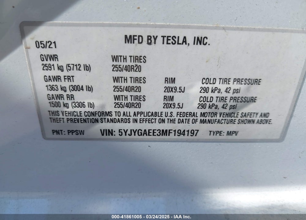 2021 TESLA MODEL Y VIN: 5YJYGAEE3MF194197