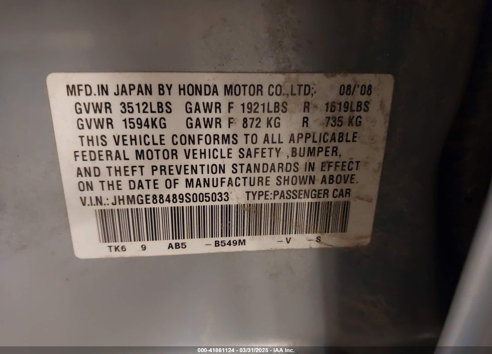 2009 HONDA FIT VIN: JHMGE88489S005033