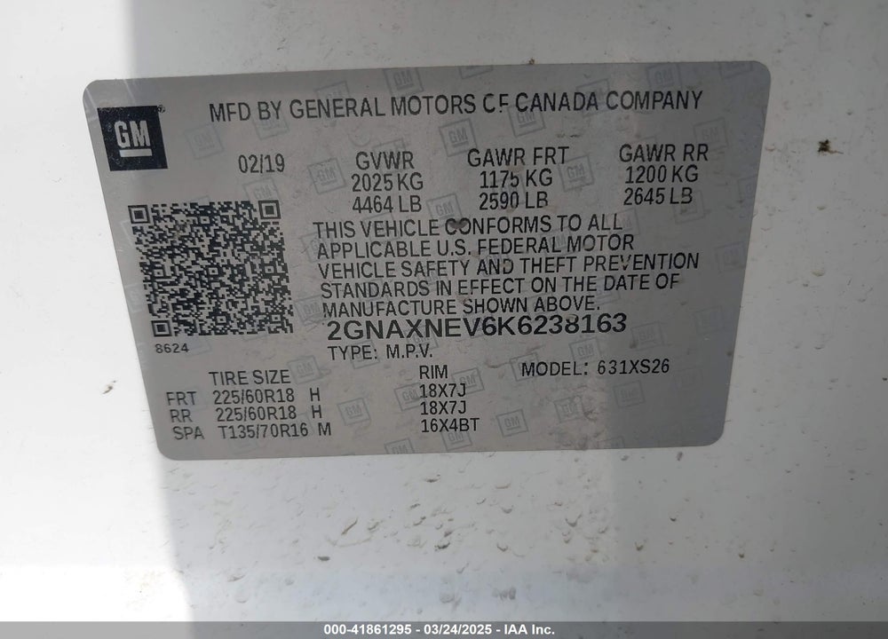 2019 CHEVROLET EQUINOX VIN: 2GNAXNEV6K6238163
