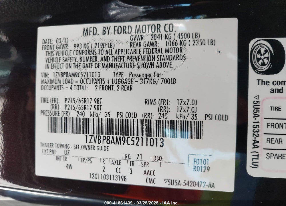 2012 FORD MUSTANG VIN: 1ZVBP8AM9C5211013