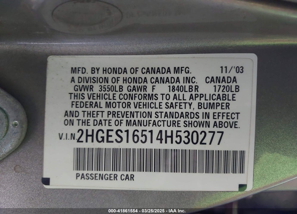 2004 HONDA CIVIC LX VIN: 2HGES16514H530277