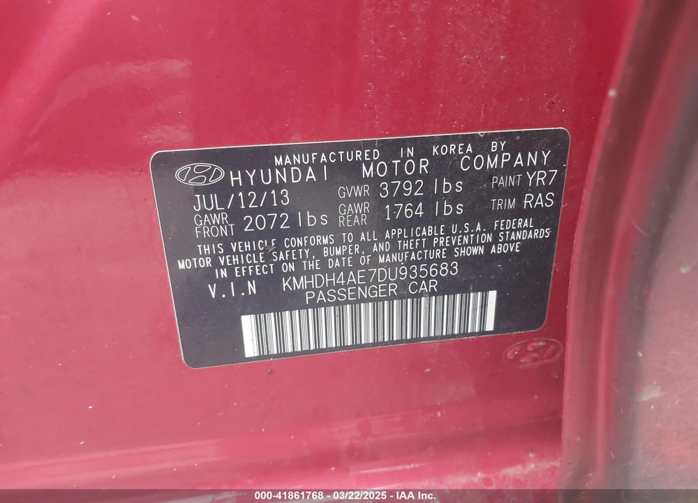 2013 HYUNDAI ELANTRA VIN: KMHDH4AE7DU935683