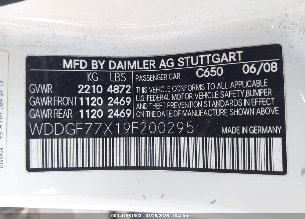 2009 MERCEDES-BENZ C 63 AMG VIN: WDDGF77X19F200295