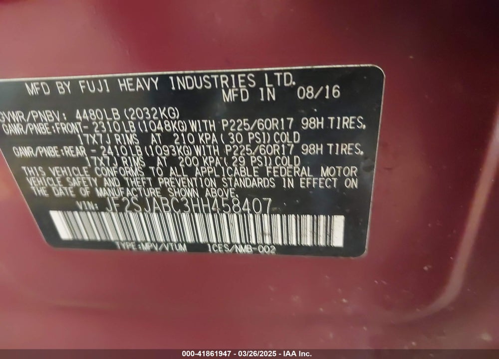 2017 SUBARU FORESTER 2.5I VIN: JF2SJABC3HH458407