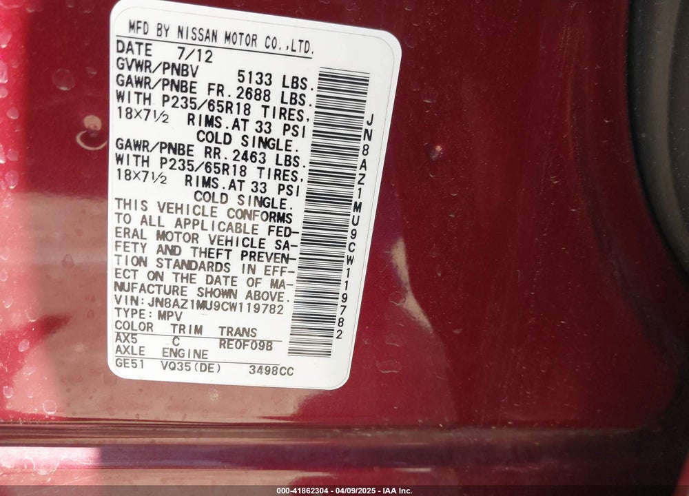 2012 NISSAN MURANO VIN: JN8AZ1MU9CW119782