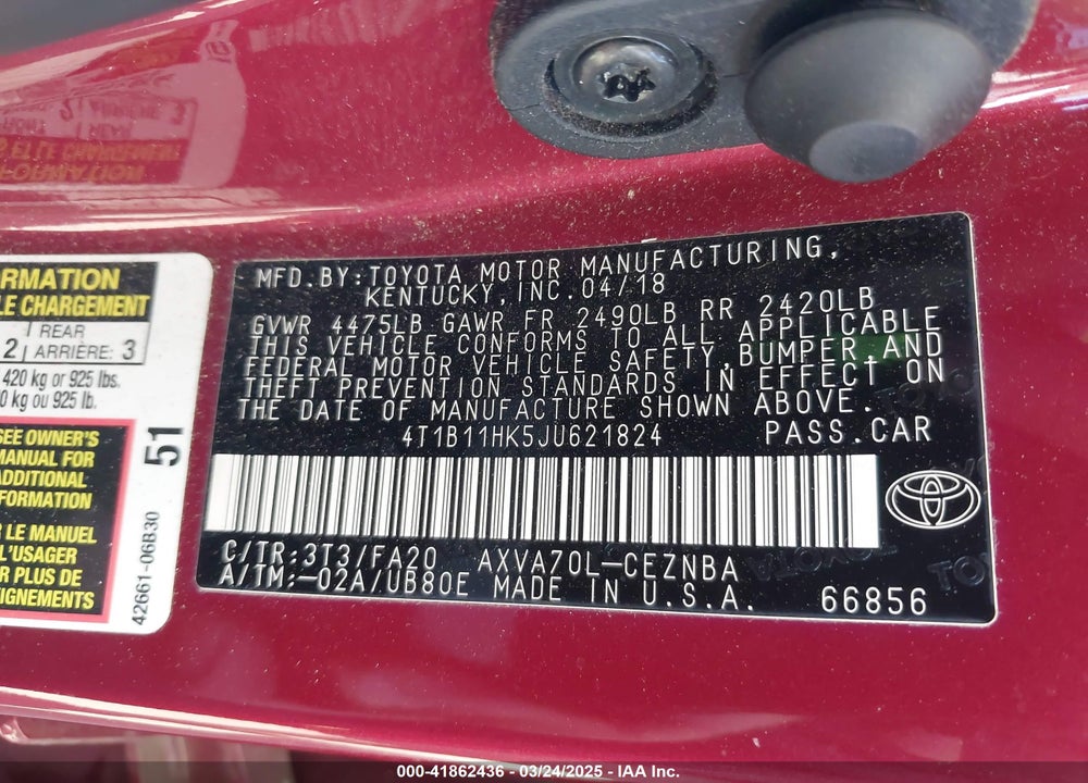 2018 TOYOTA CAMRY VIN: 4T1B11HK5JU621824
