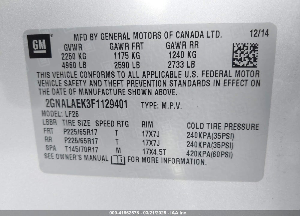 2015 CHEVROLET EQUINOX LS VIN: 2GNALAEK3F1129401