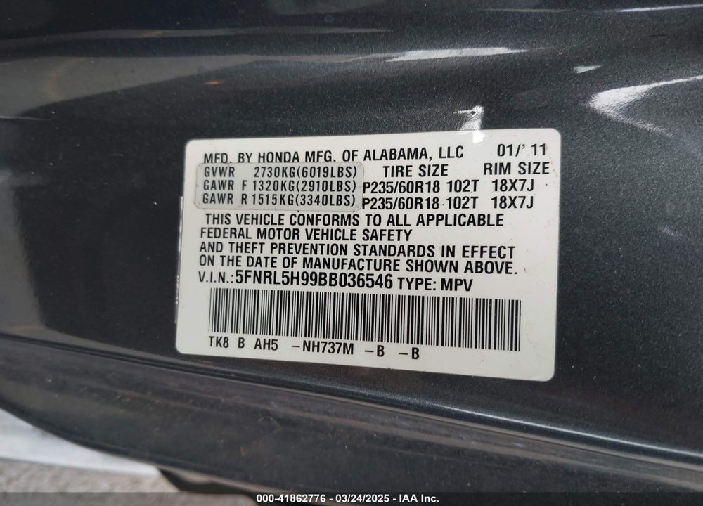 2011 HONDA ODYSSEY TOURING/TOURING ELITE VIN: 5FNRL5H99BB036546