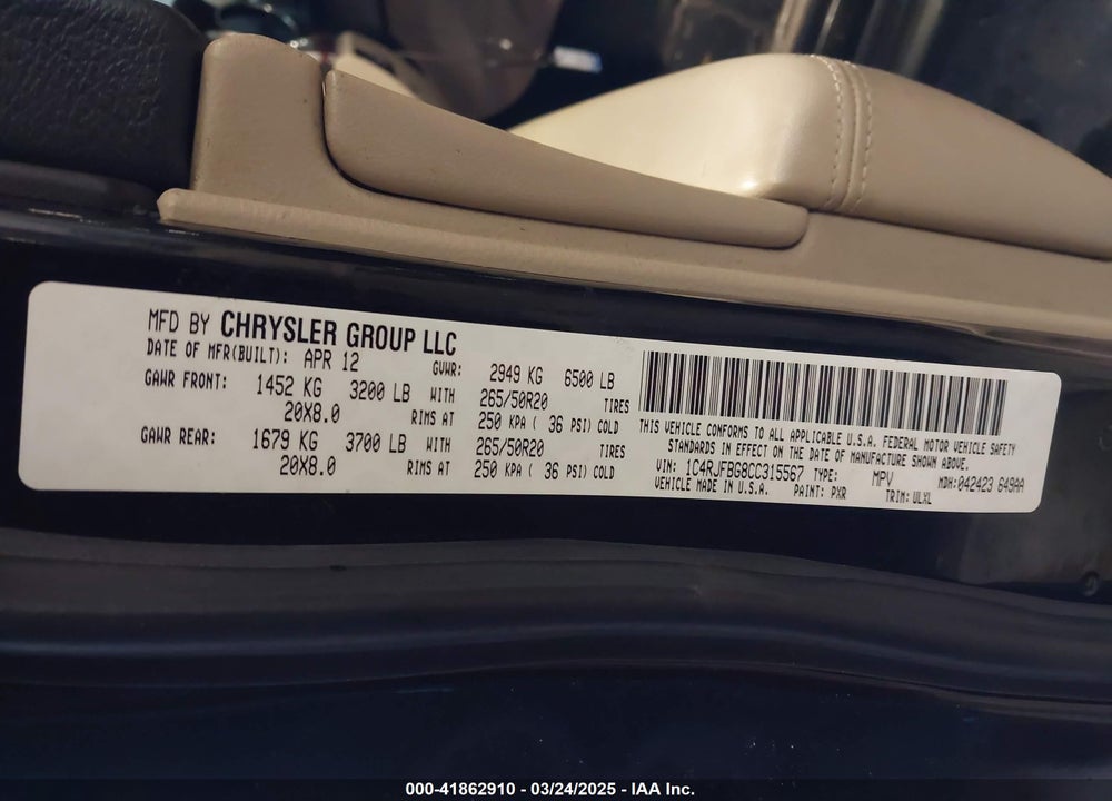 2012 JEEP GRAND CHEROKEE VIN: 1C4RJFBG8CC315567