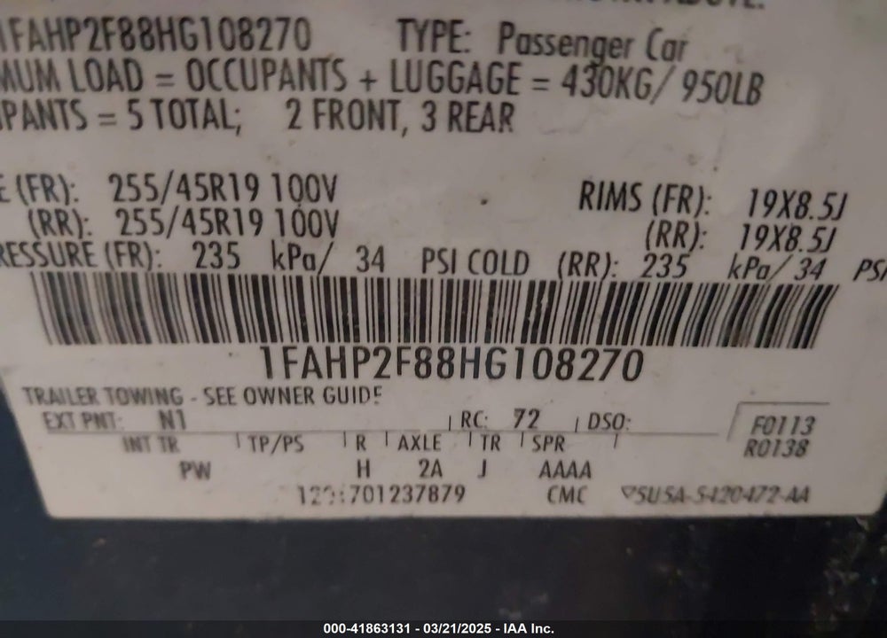 2017 FORD TAURUS VIN: 1FAHP2F88HG108270