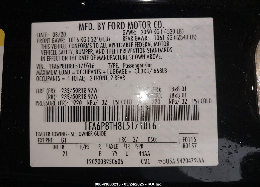2020 FORD MUSTANG VIN: 1FA6P8TH8L5171016