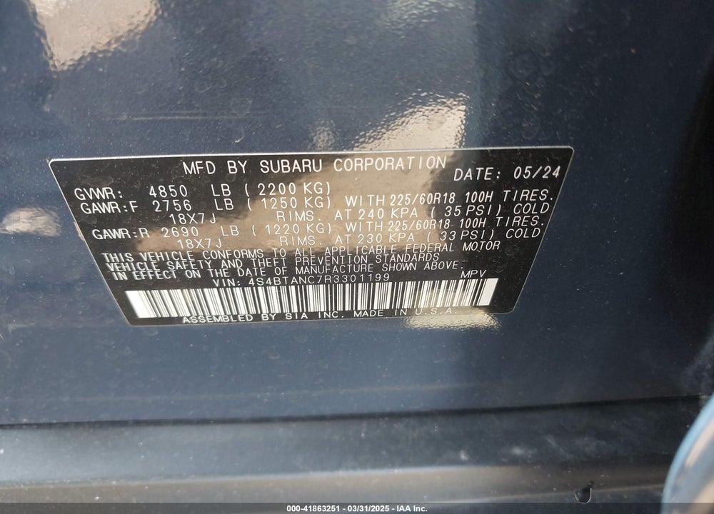 2024 SUBARU OUTBACK VIN: 4S4BTANC7R3301199