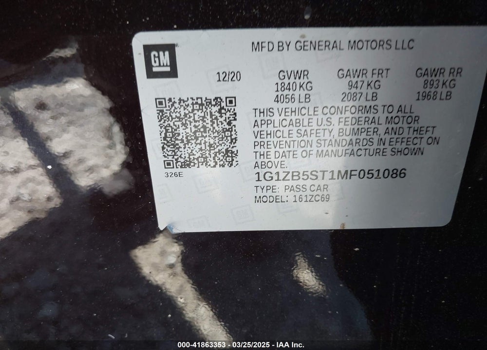 2021 CHEVROLET MALIBU VIN: 1G1ZB5ST1MF051086