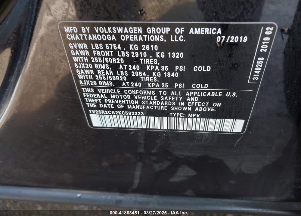 2019 VOLKSWAGEN ATLAS VIN: 1V2SR2CA2KC592323