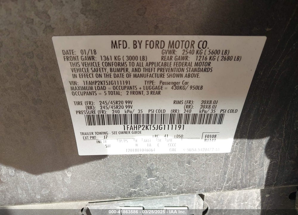 2018 FORD TAURUS VIN: 1FAHP2KT5JG111191