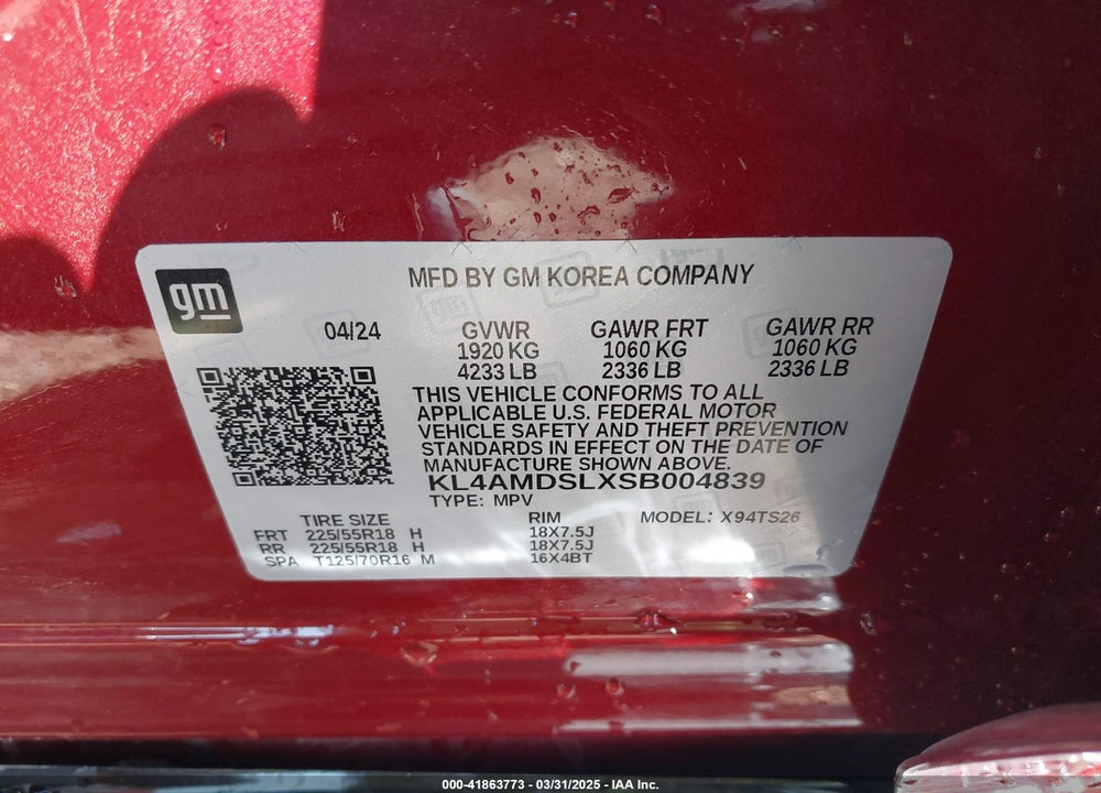 2025 BUICK ENCORE GX VIN: KL4AMDSLXSB004839