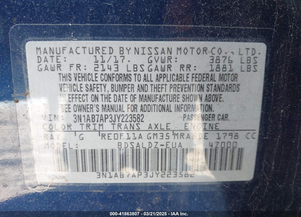 2018 NISSAN SENTRA VIN: 3N1AB7AP3JY223582