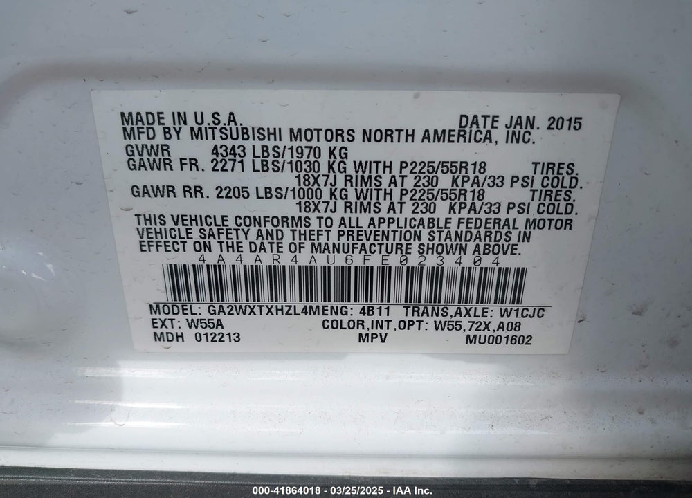 2015 MITSUBISHI OUTLANDER SPORT VIN: 4A4AR4AU6FE023404