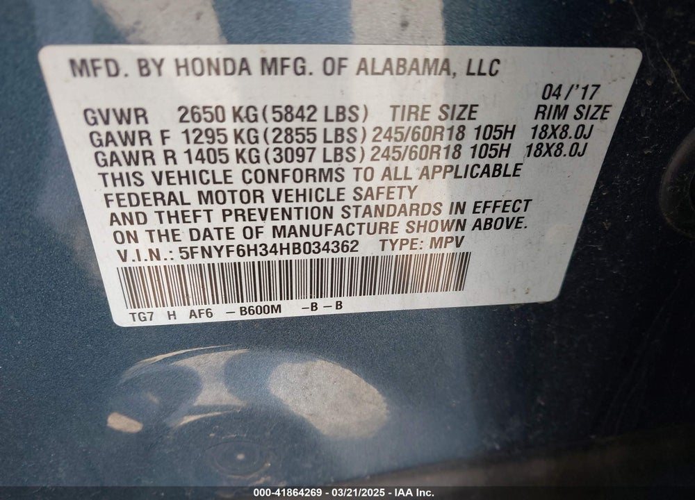 2017 HONDA PILOT EX VIN: 5FNYF6H34HB034362