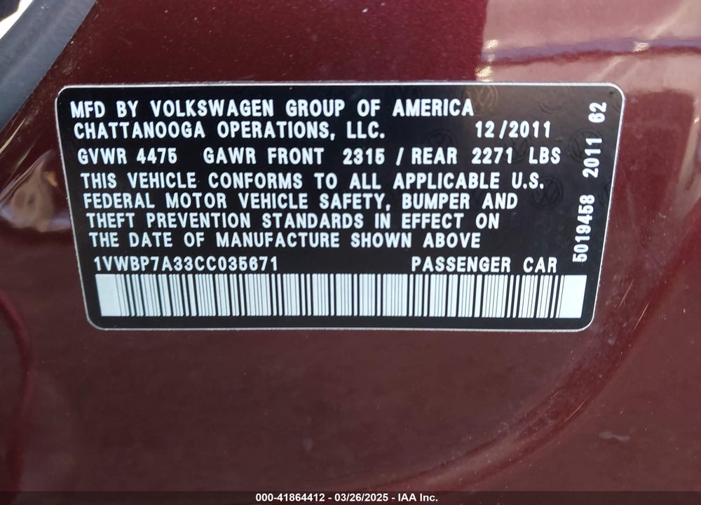 2012 VOLKSWAGEN PASSAT VIN: 1VWBP7A33CC035671